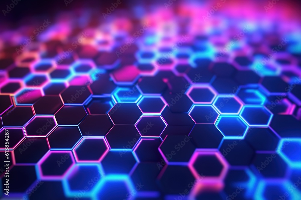 abstract futuristic background with pink blue glowing neon moving high speed wave lines and bokeh lights. honeycomb Data transfer concept Fantastic wallpaper, Ai Generative