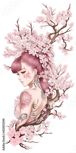 Beautiful eastern sakura branch and woman