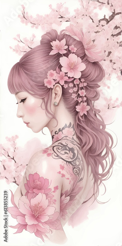 Beautiful eastern sakura branch and woman