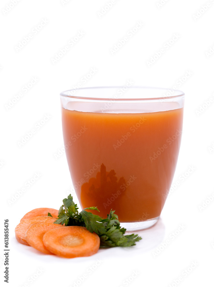 Glass of carrot juice with vegetable slices with vegetables isolated. Glass of carrot juice with vegetable slices with vegetables isolated.