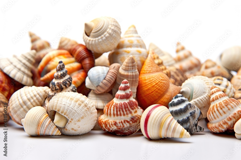 Several sea shells on a white background Generative AI Illustration Several sea shells on a white background Generative AI Illustration