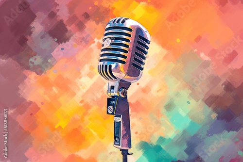 Colorful watercolor painting of a vintage old microphone Generative AI Illustration