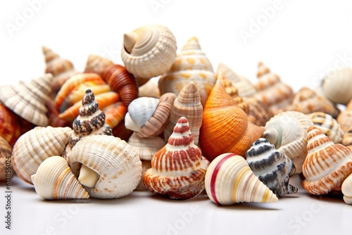 Several sea shells on a white background Generative AI Illustration