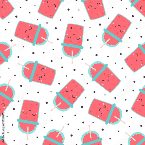 cartoon seamless pattern with cold drink in plastic cup