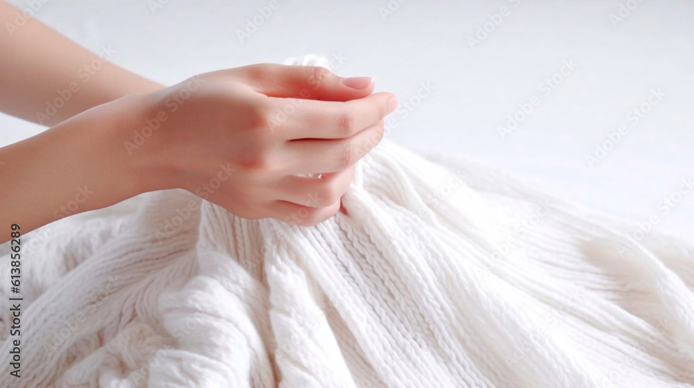 Naklejka premium Women's hands BEAUTIFUL close-up, knitting for a newborn, crochet. top view on soft creamy white background.AI generated