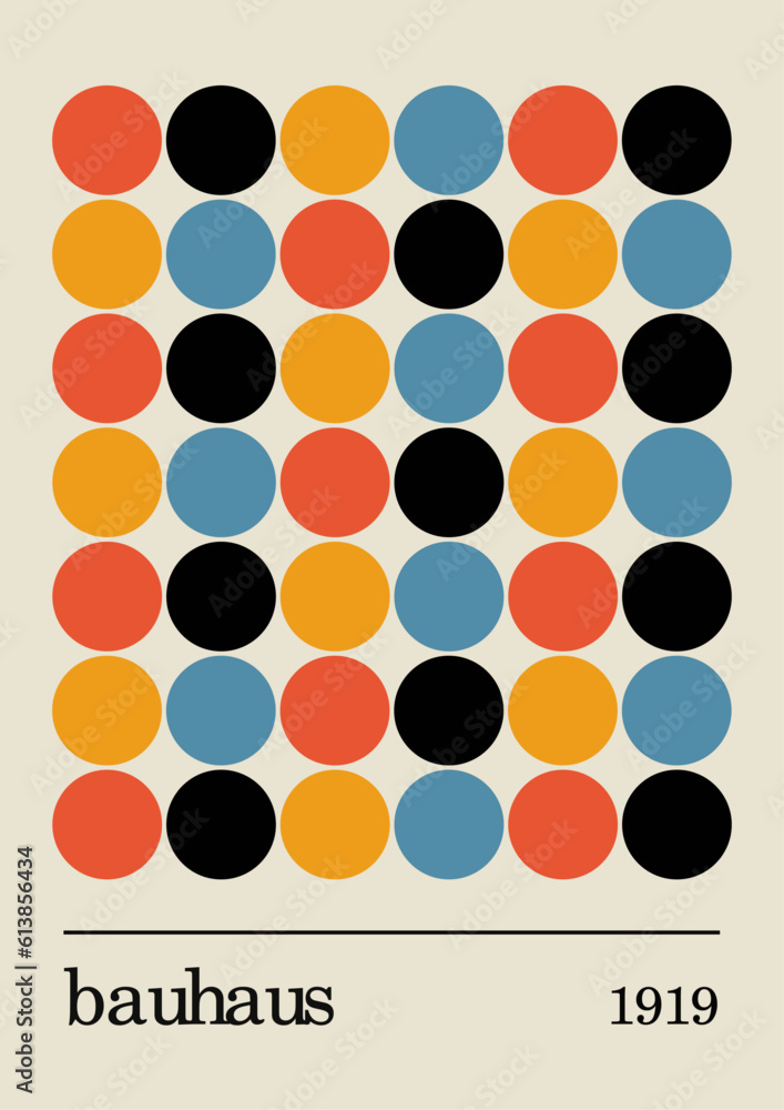 Bauhaus modern poster vibrant graphic color, vector illustration, minimal 20s geometric cute elements, circle shapes, Retro style design for brochure, flyer, wallpaper, banner