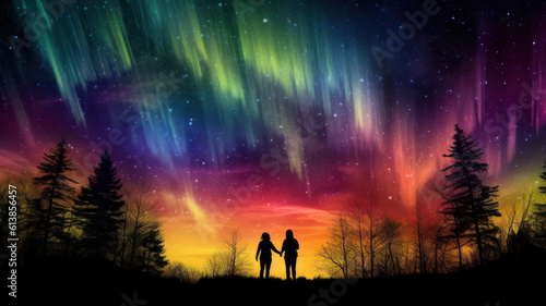 lgbt couple under northern lights.