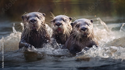  three wet otters swimming in a body of water with their mouths open.  generative ai