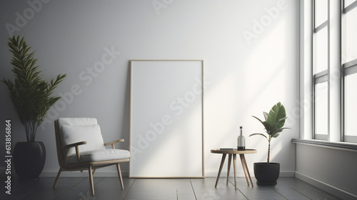 Modern Interior Design with Blank Mockup Frame Poster, 3D Render, 3D Illustration