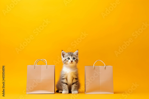  cat and shopping bag on yellow background. black Friday. cyber monday. AI generated