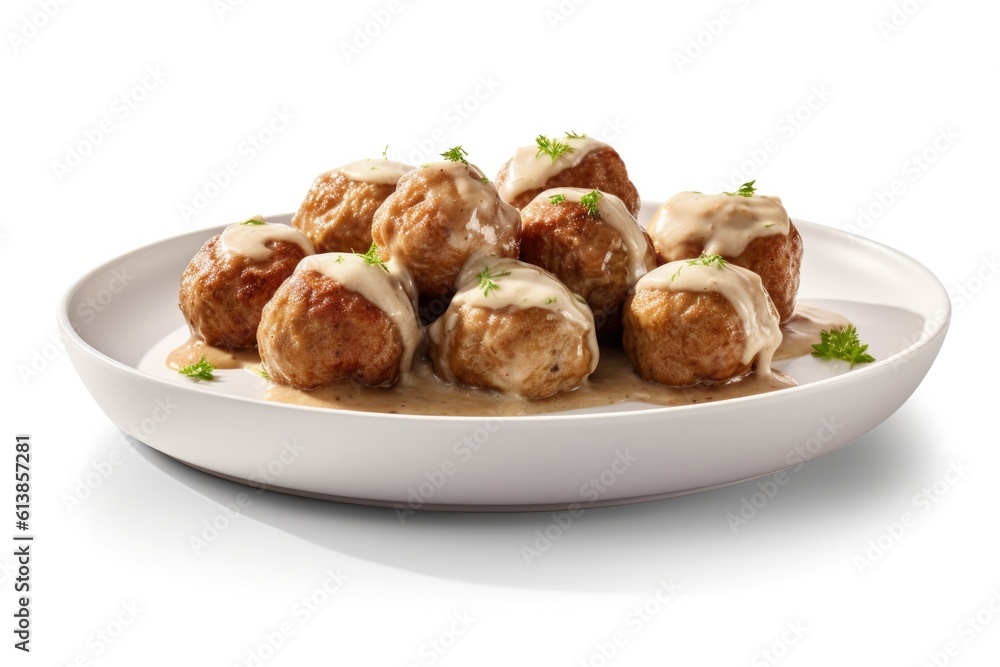 Delicious Plate of Swedish Meatballs Isolated on a White Background Delicious Plate of Swedish Meatballs Isolated on a White Background