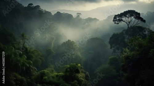 Rainforest landscape with trees and fog - theme conservation, climate change and renewable energy. Generative ai.