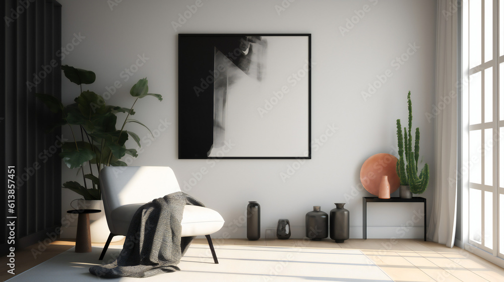 Modern Interior Design with Mockup Frame Poster, 3D Render, 3D Illustration Modern Interior Design with Mockup Frame Poster, 3D Render, 3D Illustration