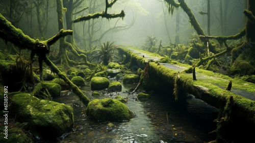 倒木のある苔むした森。苔むした霧の森の奥。苔の緑の絨毯、その下を流れる小川。ハンドエディットGenerativeAI