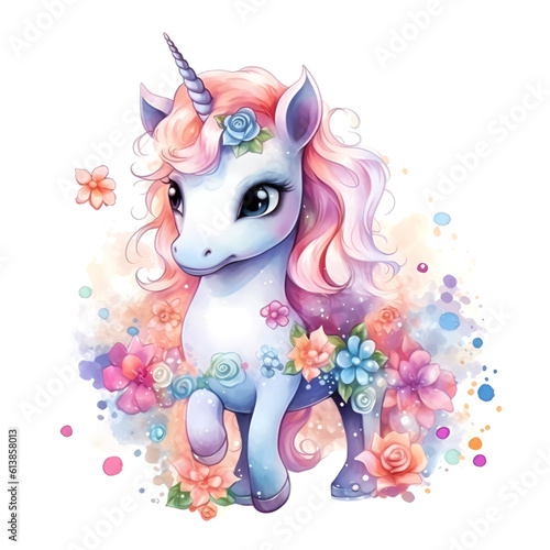 Fotografia Cute colorful magic unicorn with flowers in watercolor style