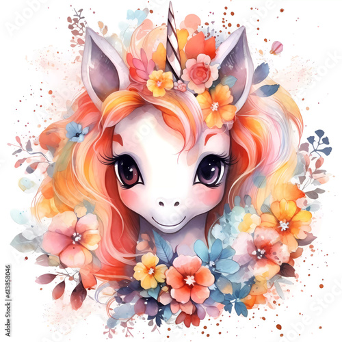 Cute colorful unicorn with flowers in watercolor style. Generative AI