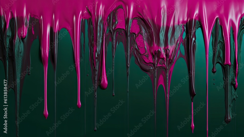 Dripping magenta color on the green background - Generative ai