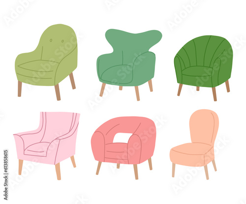 Set of armchairs in trendy scandinavian style. Isolated on white background. Comfortable chairs and stylish stool bundle. Set of simple and fashionable furniture elements. Vector illustration.
