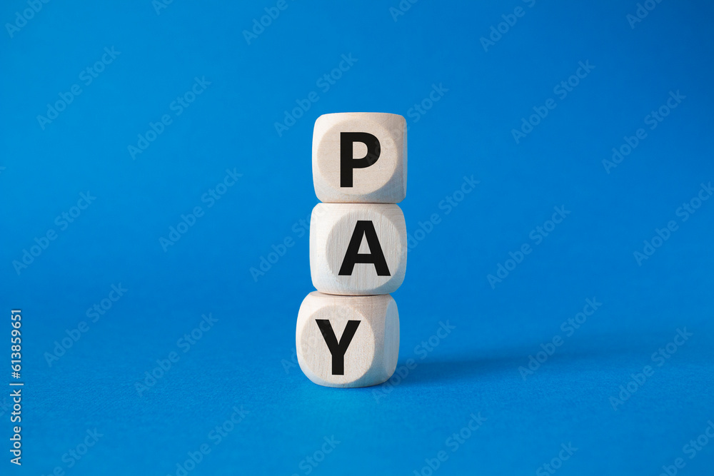Payment symbol. Wooden cubes with words Pay. Beautiful blue background. Business and Pay concept. Copy space. Payment symbol. Wooden cubes with words Pay. Beautiful blue background. Business and Pay concept. Copy space.