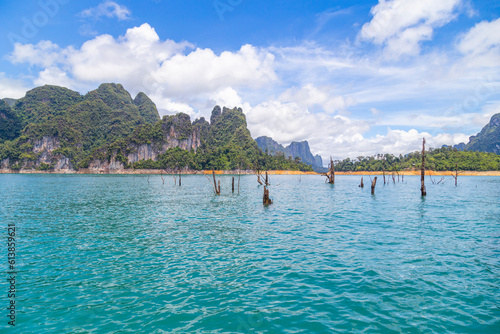 The Beautiful mountains lake river sky and natural attractions in Ratchaprapha Dam at Khao Sok National Park, Surat Thani Province, Thailand.