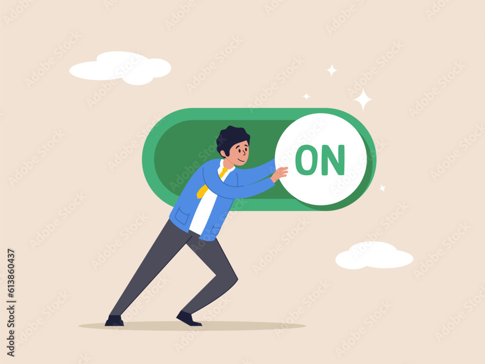 Setting or preference concept. Turn on switch, paradigm shift or change to be better status, start or begin business, smart businessman push setting button switch to on position. Setting or preference concept. Turn on switch, paradigm shift or change to be better status, start or begin business, smart businessman push setting button switch to on position.