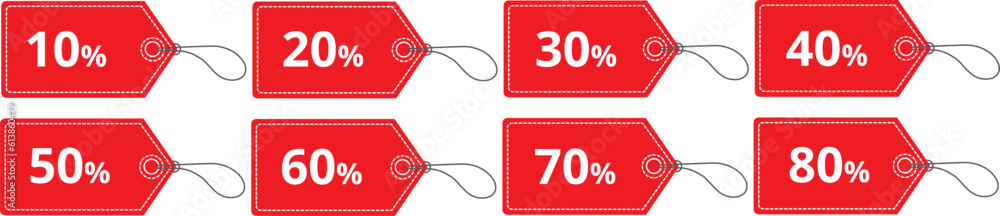 Iconos de etiquetas rojas de cartón con diferentes porcentajes. Vector
