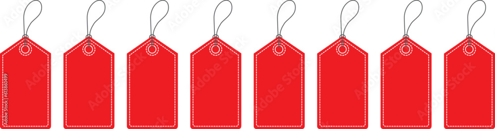 Iconos de etiquetas rojas de cartón con cuerda. Vector