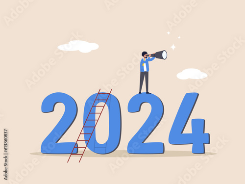 Year 2024 outlook. Year review or analysis concept. Economic forecast or future vision, business opportunity or challenge ahead, confidence businessman with binoculars climb up ladder on year 2024.