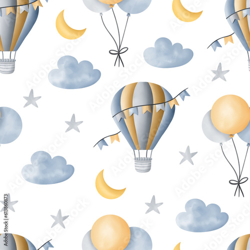 Watercolor hot air balloon childish seamless pattern with moon, clouds, stars and balloons for fabric, textiles or wallpaper.