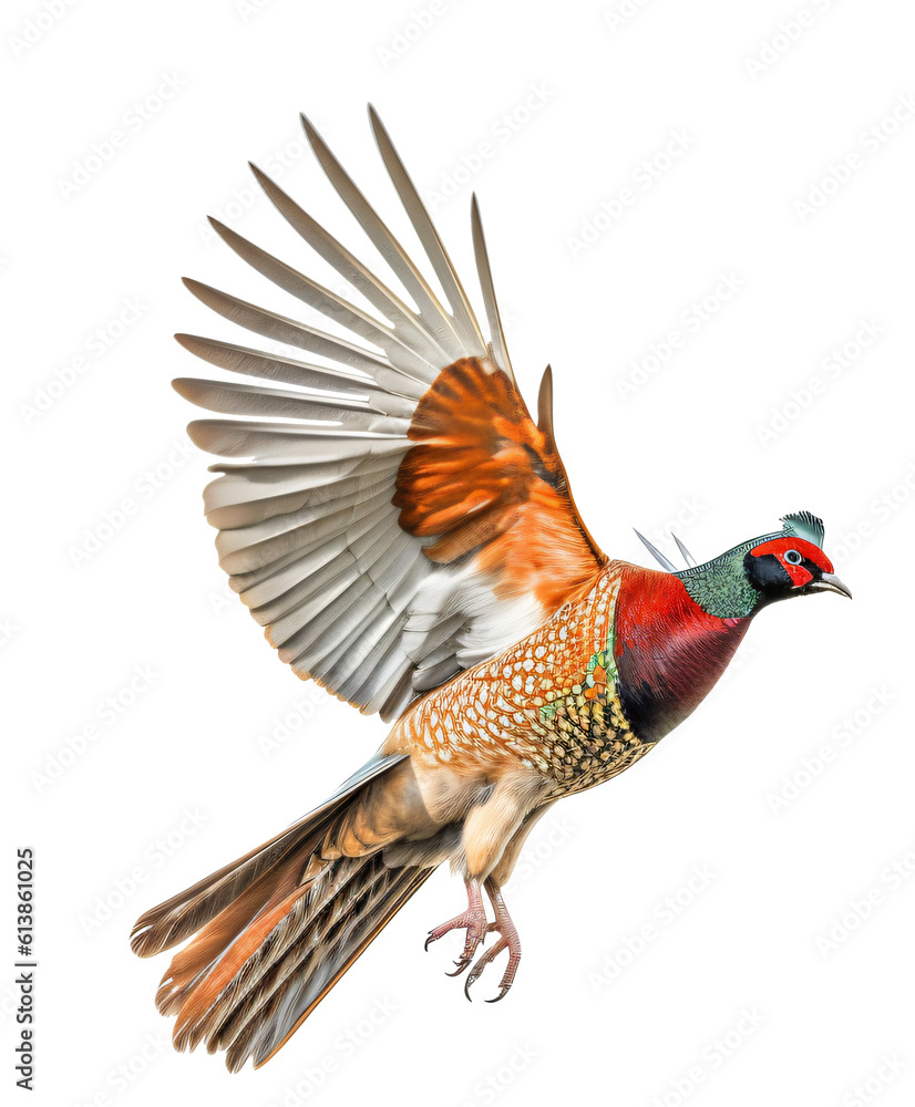 Flying Ringneck pheasant isolated on the