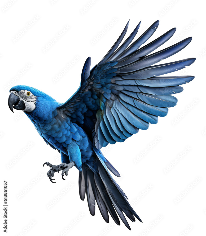 Flying blue parrot macaw isolated on the transparent background PNG. AI generative.