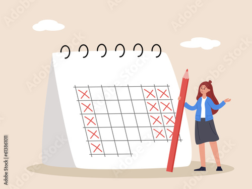 Businesswoman manager put holiday on calendar to make company 4 day work week. 4 day work week, reduce working day to increase efficiency and productivity, flexible work day for employee benefit.