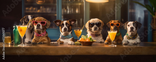 Crazy dogs wearing sunglasses having fun at a counter with cocktails (AI generated)