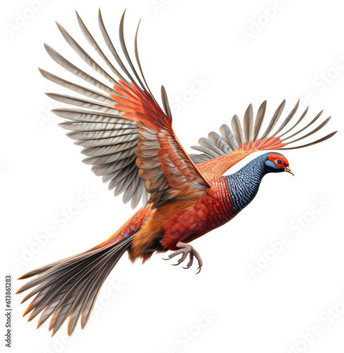 Flying Ringneck pheasant isolated on the transparent background PNG. AI generative.