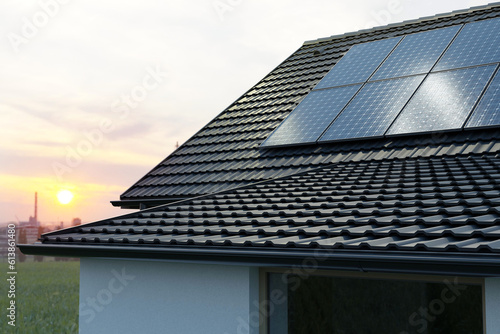 Solar panels, photovoltaics on the roof. Alternative electricity source concept. 3D render illustration.