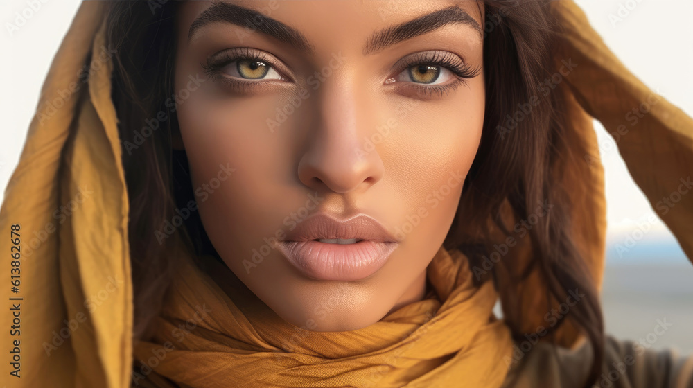 A woman is wearing color scarf in the desert. Generative AI A woman is wearing color scarf in the desert. Generative AI