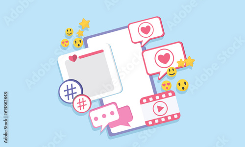 Mobile Phone with post in social media and Hand with Megaphone. Online promotion and marketing. Newsletter and adverting.