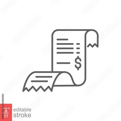 Cashier receipt icon. Simple outline style. Bill paper, invoice, expense, tax check, total payment concept. Thin line symbol. Vector illustration isolated on white background. Editable stroke EPS 10.