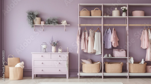 Shelving unit with children's dresses near lilac wall. Generative ai.