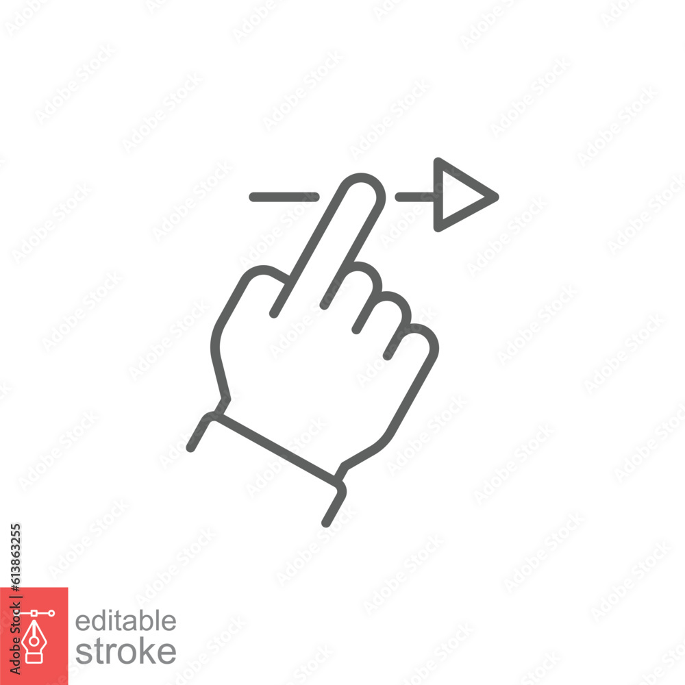Swipe right icon. Simple outline style. Hand finger slide to right, drag arrow, unlock phone action concept. Thin line symbol. Vector illustration isolated on white background. Editable stroke EPS 10. Swipe right icon. Simple outline style. Hand finger slide to right, drag arrow, unlock phone action concept. Thin line symbol. Vector illustration isolated on white background. Editable stroke EPS 10.