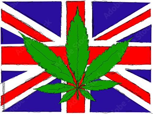 Colored pot leaf over a UK flag