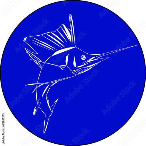 White outlined sailfish in a blue circle design 