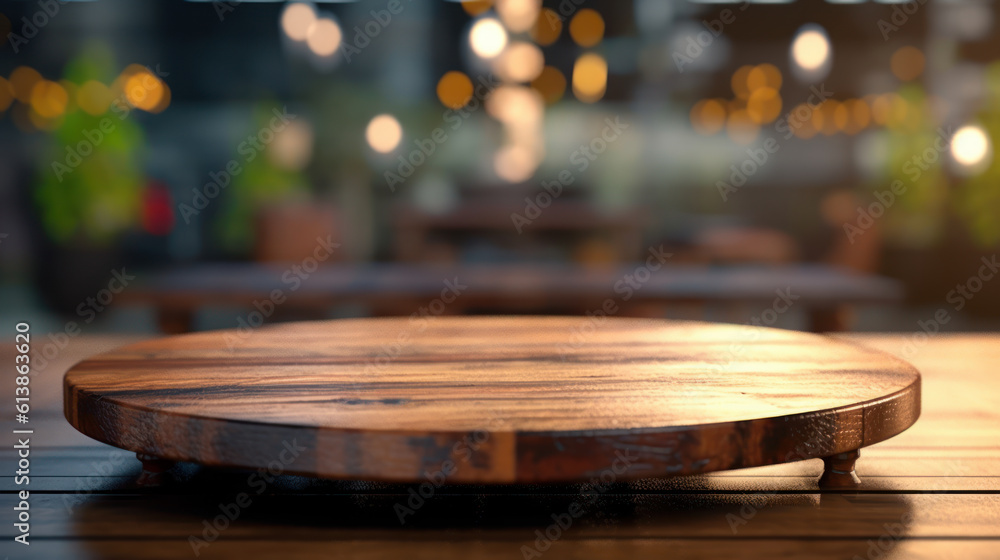 Obraz premium Empty wooden table top with blurred restaurant background for product display podium concept background