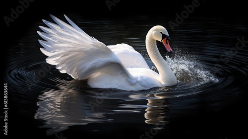 Fototapeta Naklejka Na Ścianę i Meble -   a white swan gracefully gliding gracefully through the water with its wings spread wide, its white feathers glistening in the sunlight