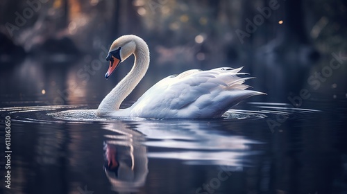 Fototapeta Naklejka Na Ścianę i Meble -   a white swan swimming in a pond with trees in the background.  generative ai