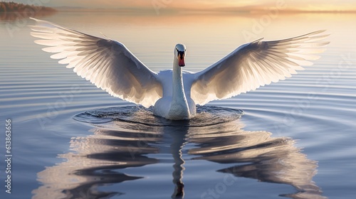 Foto a swan flaps its wings while swimming in a lake at sunset