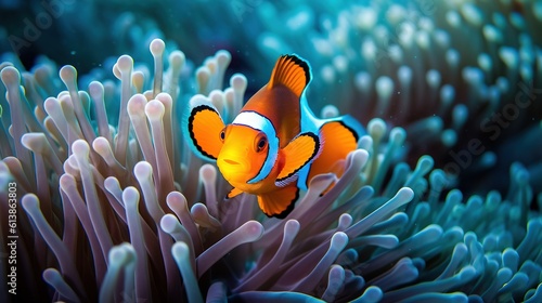 Fotografija an orange clown fish swimming in a sea anemone.  generative ai