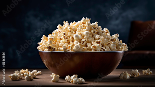 Large bowl of salty popcorn.