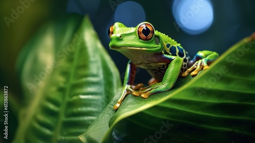 Canvas Print a green frog sitting on top of a green leaf next to a green plant