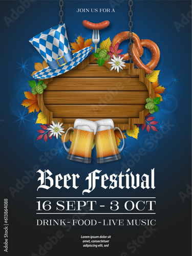 Oktoberfest poster with wooden signboard, hat, pretzel and beer mugs. Beer festival flyer